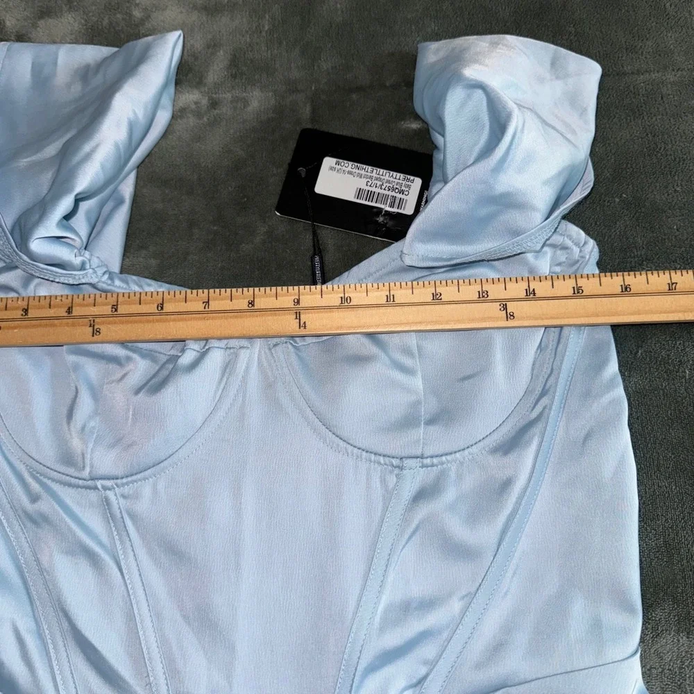 PrettyLittleThing Baby Blue Corset Draped Bardot Midi Dress US 10 NWT Cocktail